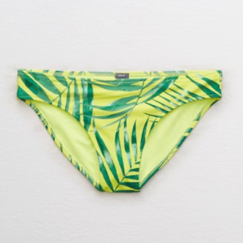 Aerie Bikini Swim Bottom in Bright Yellow and Green Palm Print